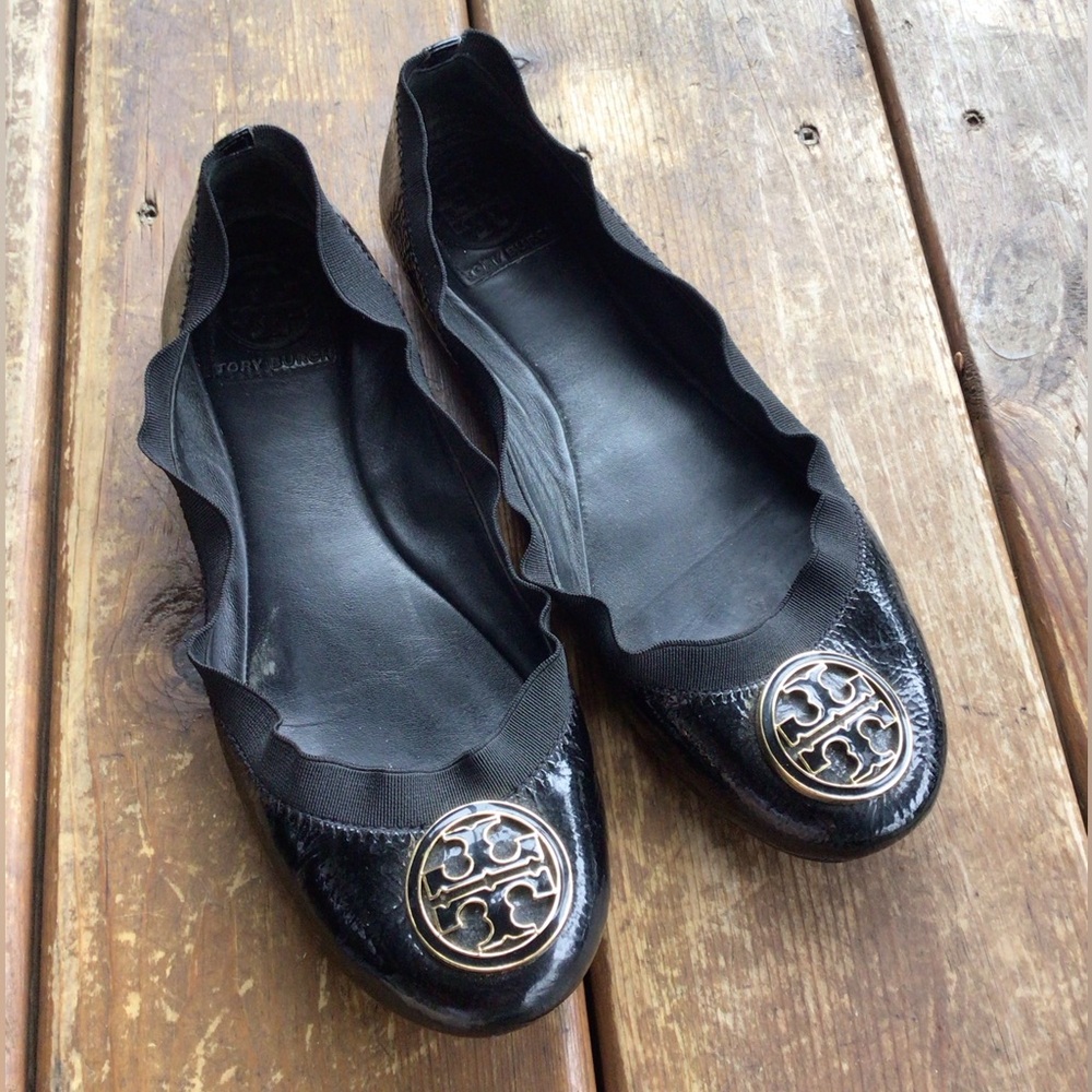 Tory Burch Black Patent Leather Gold Logo Ballet Flats Designer Shoes 8.5